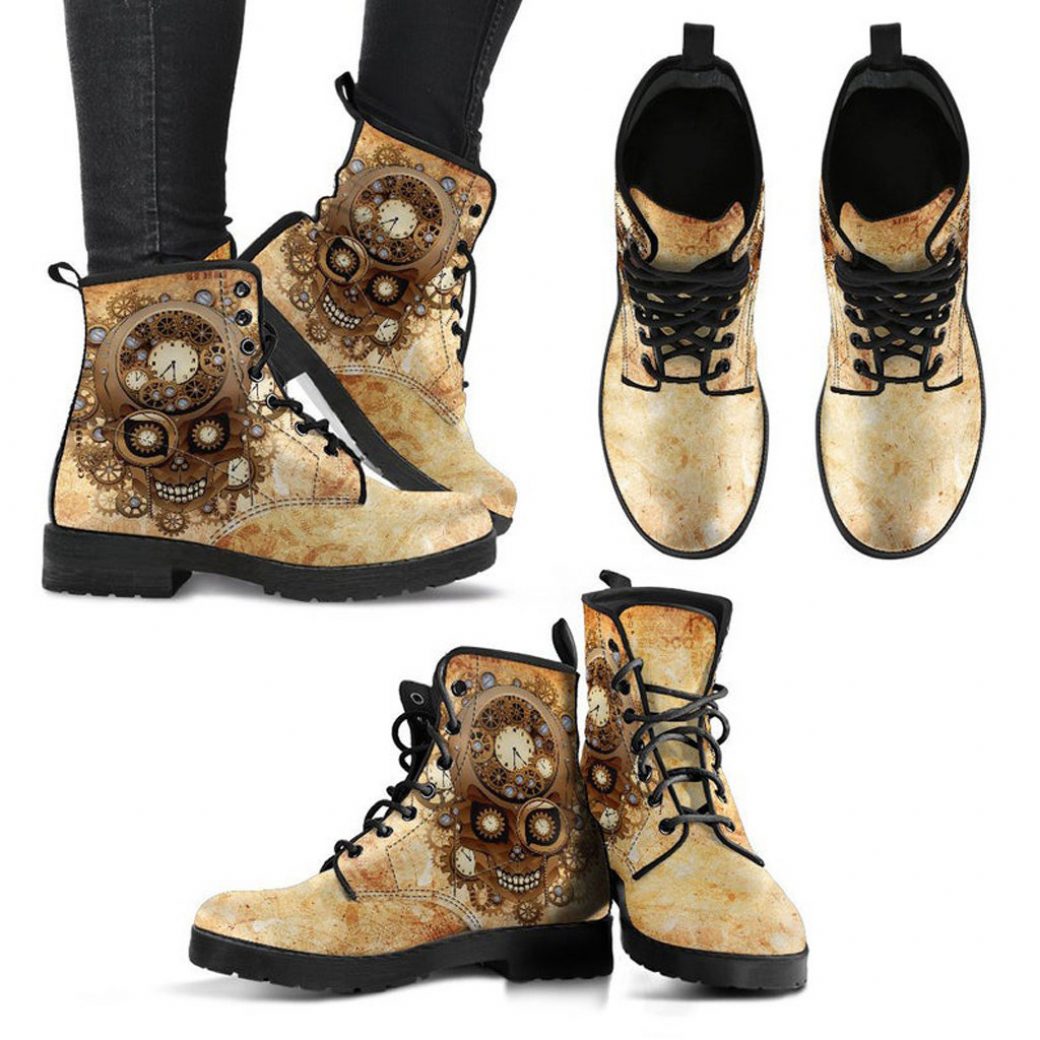 Clock Skull Steampunk Boots | Vegan Leather Lace Up Printed Boots For Women