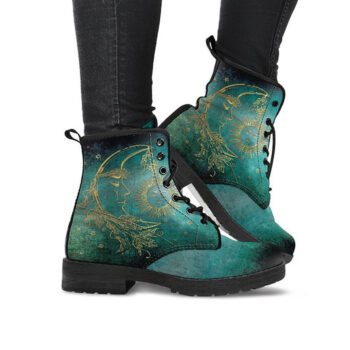 Teal Green Sun Moon Mandala Spiritual Womens Boots Vegan Leather Astrology Astronomy Boots Combat Boots Casual Boots Custom Boots