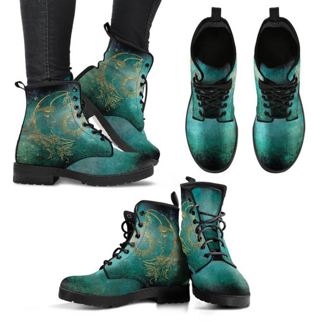 Teal Green Sun Moon Mandala Spiritual Womens Boots Vegan Leather Astrology Astronomy Boots Combat Boots Casual Boots Custom Boots
