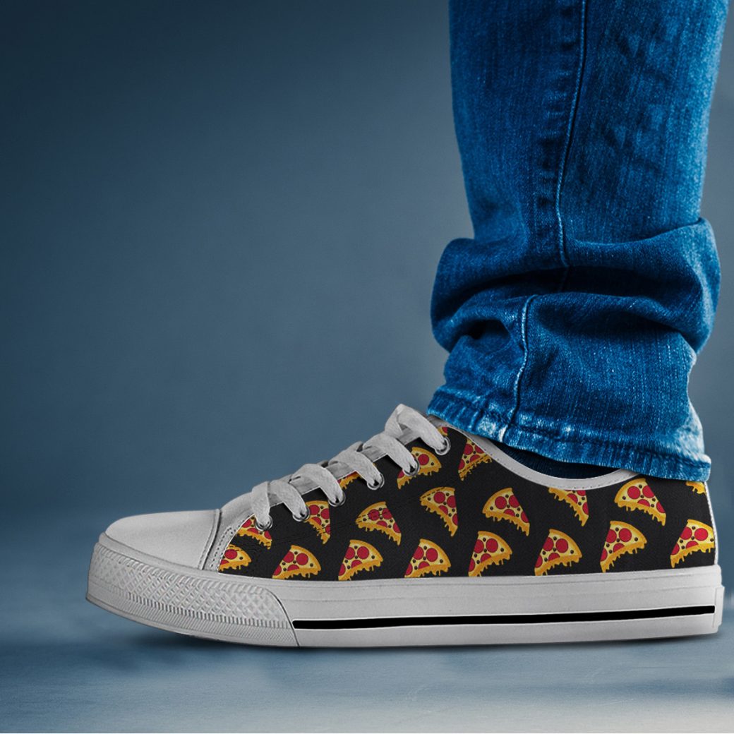 Black Pizza Print Shoes | Custom Low Tops Sneakers For Kids & Adults