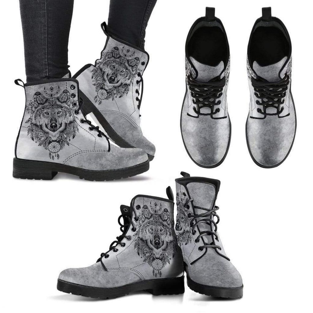 Gray Wolf Custom Boots | Vegan Leather Lace Up Printed Boots For Women