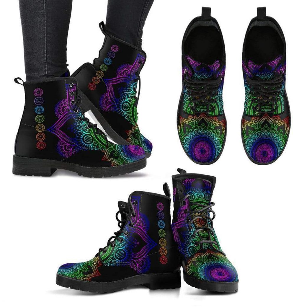 Rainbow Chakra Combat Boots | Vegan Leather Lace Up Printed Boots For Women