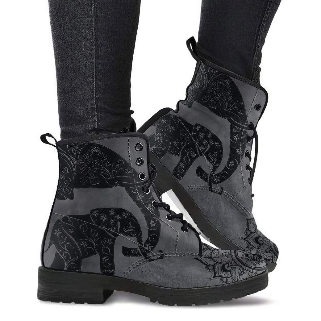Elephant Printed Vegan Boots | Vegan Leather Lace Up Printed Boots For Women