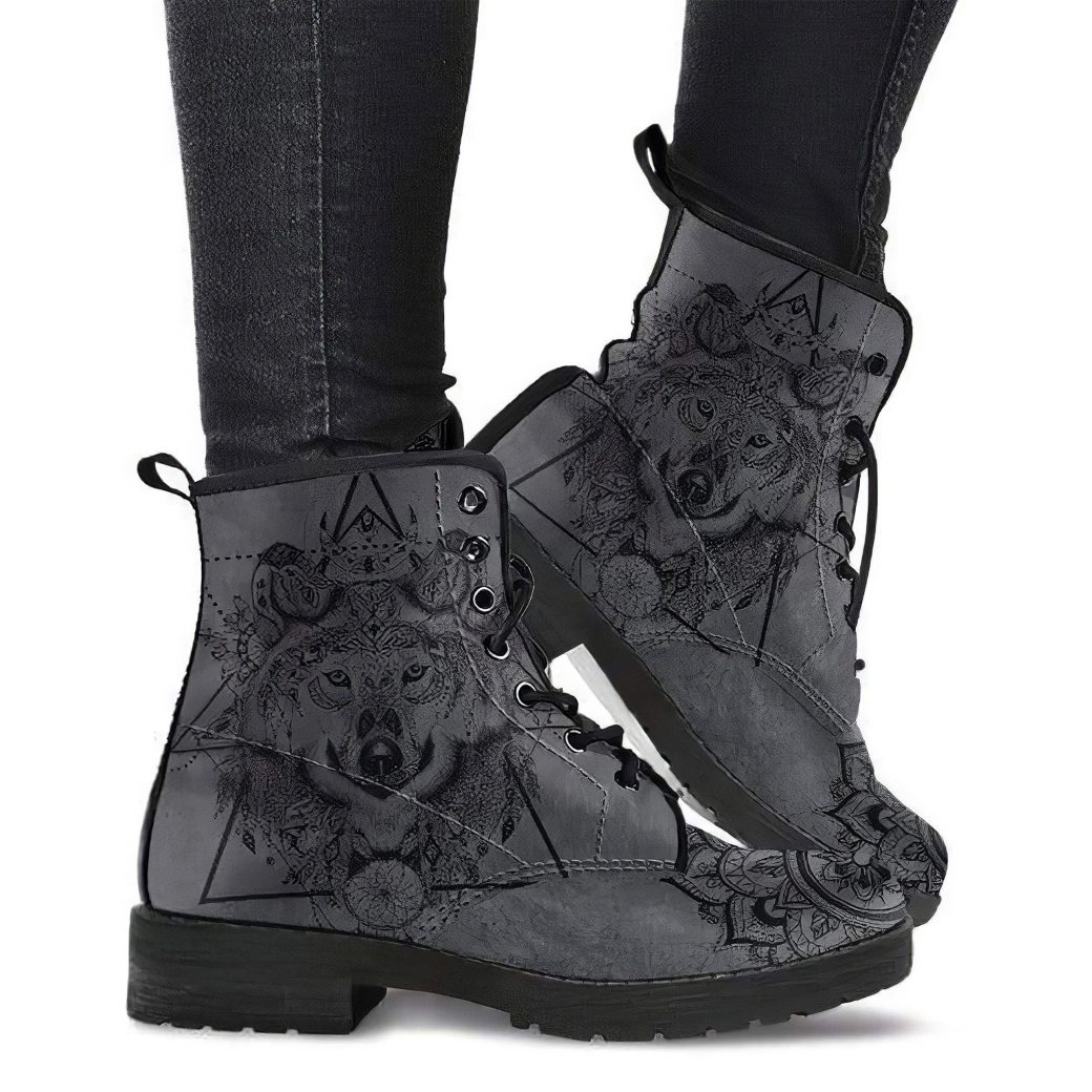 Wolf Printed Combat Boots | Vegan Leather Lace Up Printed Boots For Women