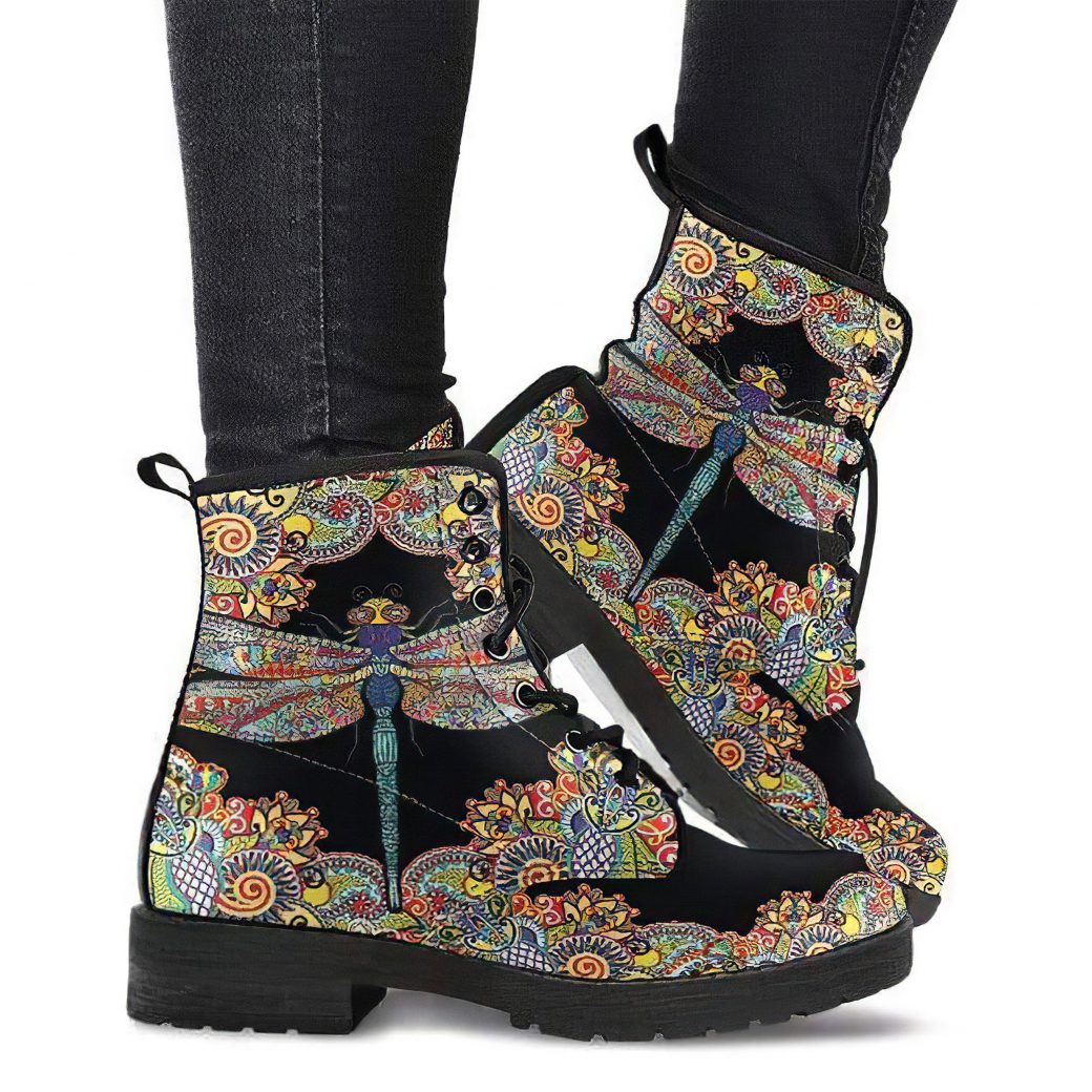 Dragonfly Vegan Boots | Vegan Leather Lace Up Printed Boots For Women