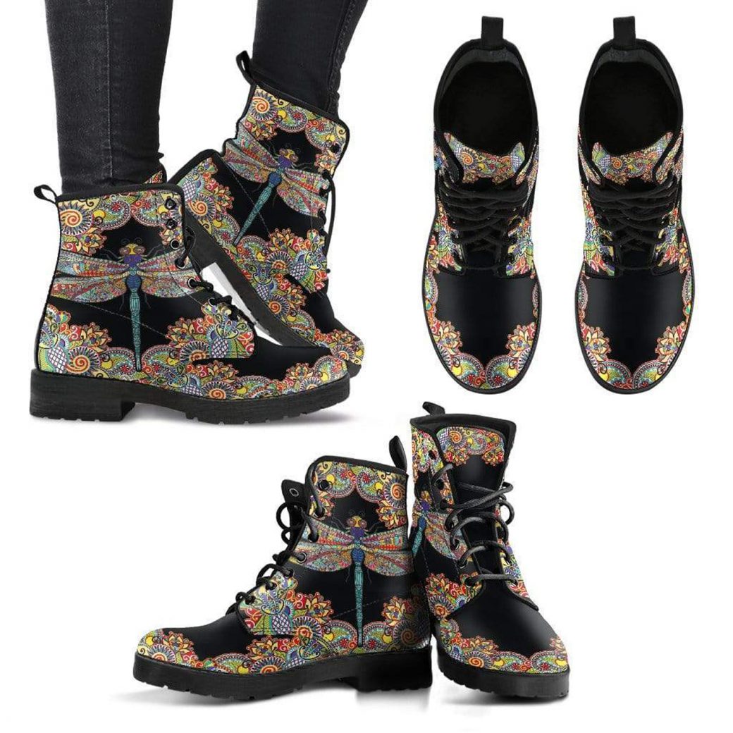 Dragonfly Vegan Boots | Vegan Leather Lace Up Printed Boots For Women
