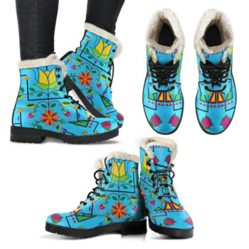 Geometric Floral Summer Sky Blue Faux Fur Leather Boots