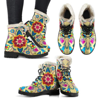 Geometric Floral Winter Vanilla Faux Fur Leather Boots