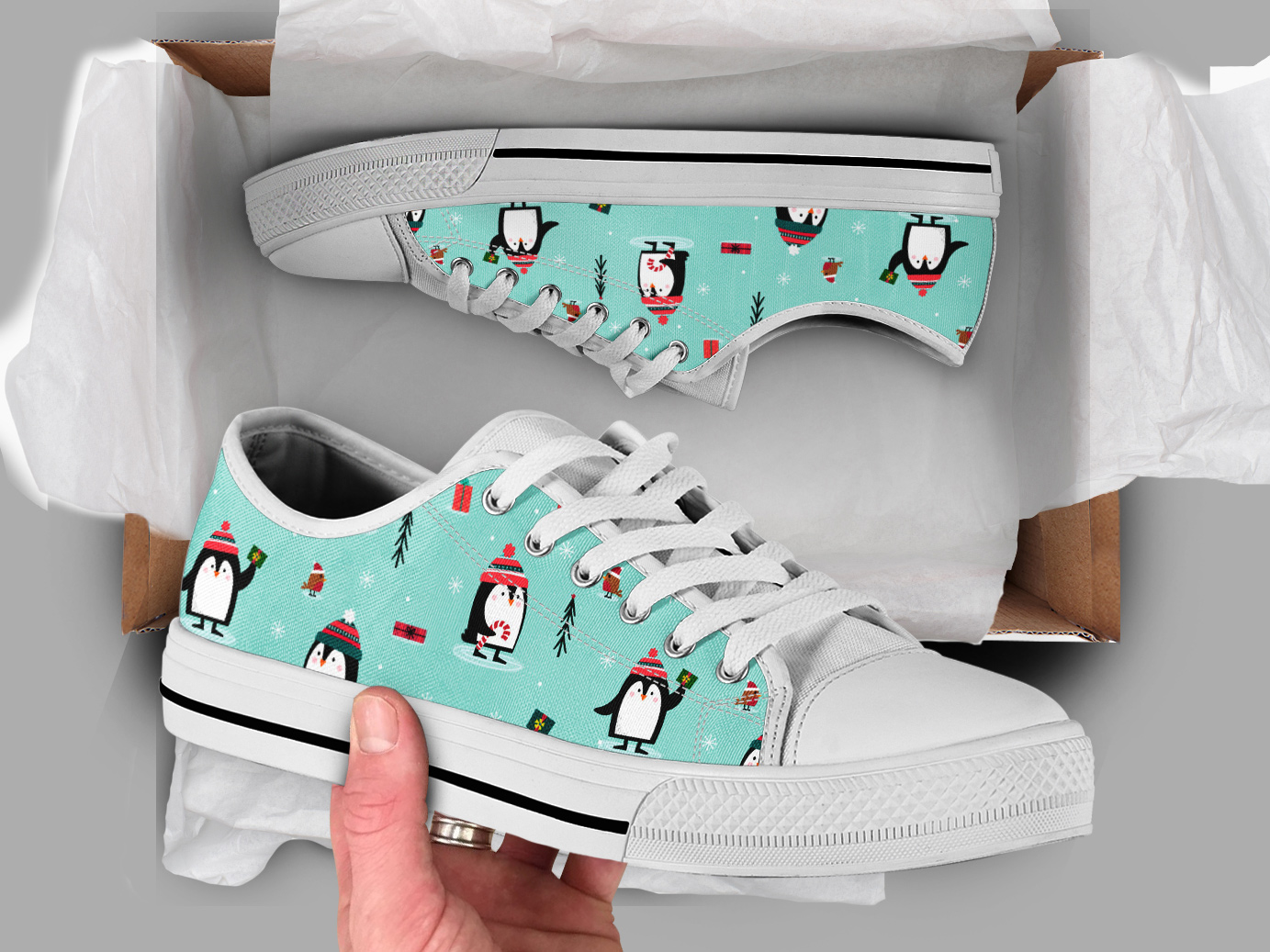 Printed Penguin Shoes | Custom Low Tops Sneakers For Kids & Adults
