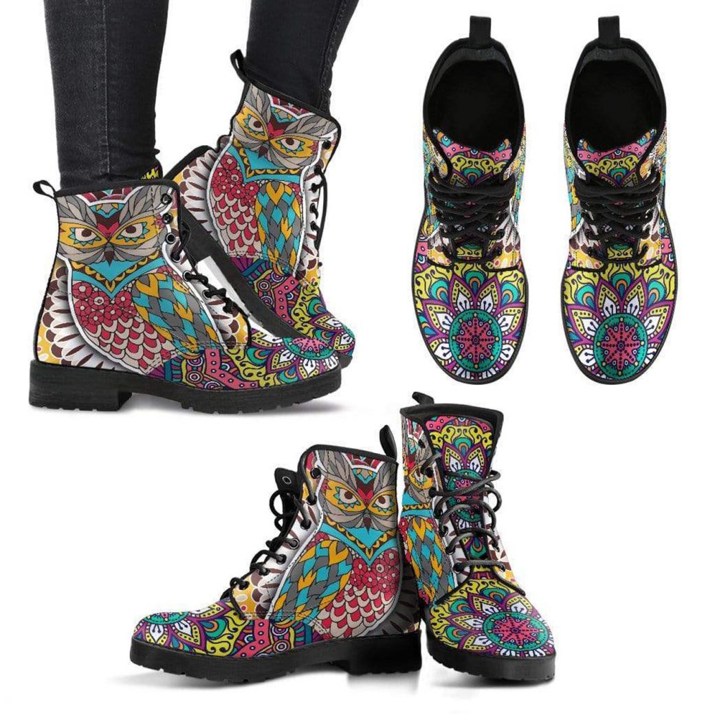 Colorful Owl Boots | Vegan Leather Lace Up Printed Boots For Women