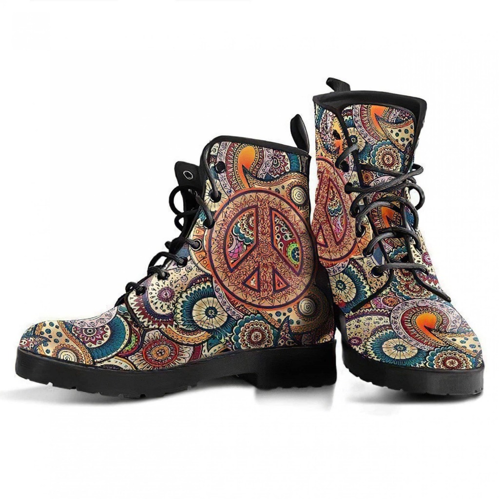 Hippie Style Peace Boots | Vegan Leather Lace Up Printed Boots For Women