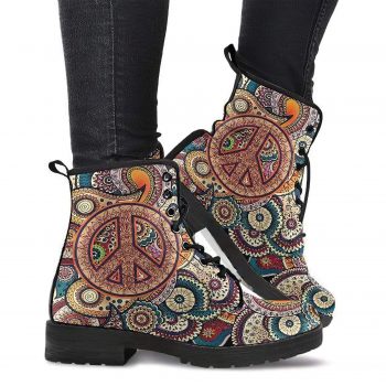 Hippie Style Peace Boots | Vegan Leather Lace Up Printed Boots For Women
