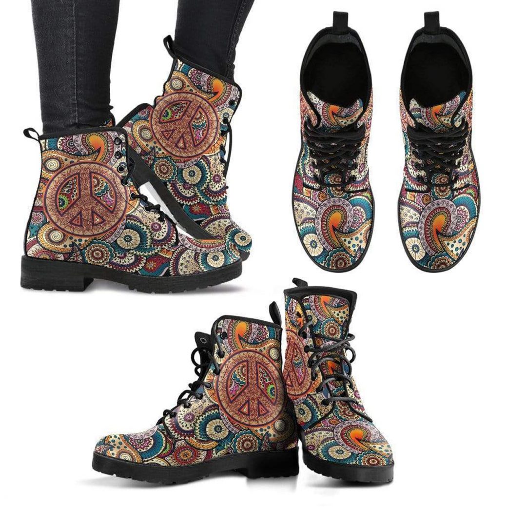 Hippie Style Peace Boots | Vegan Leather Lace Up Printed Boots For Women