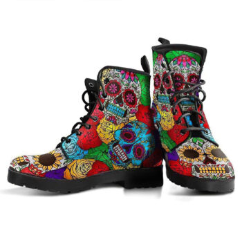 Rainbow Skull Floral Pattern Womens Leather Boots