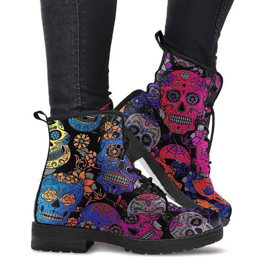 Rainbow Skull Boots | Vegan Leather Lace Up Printed Boots For Women
