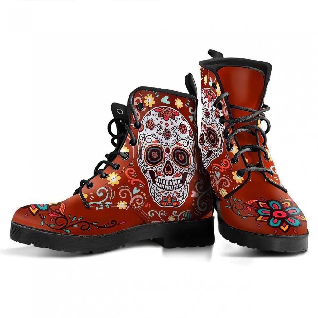 Cool Skull Printed Boots | Vegan Leather Lace Up Printed Boots For Women