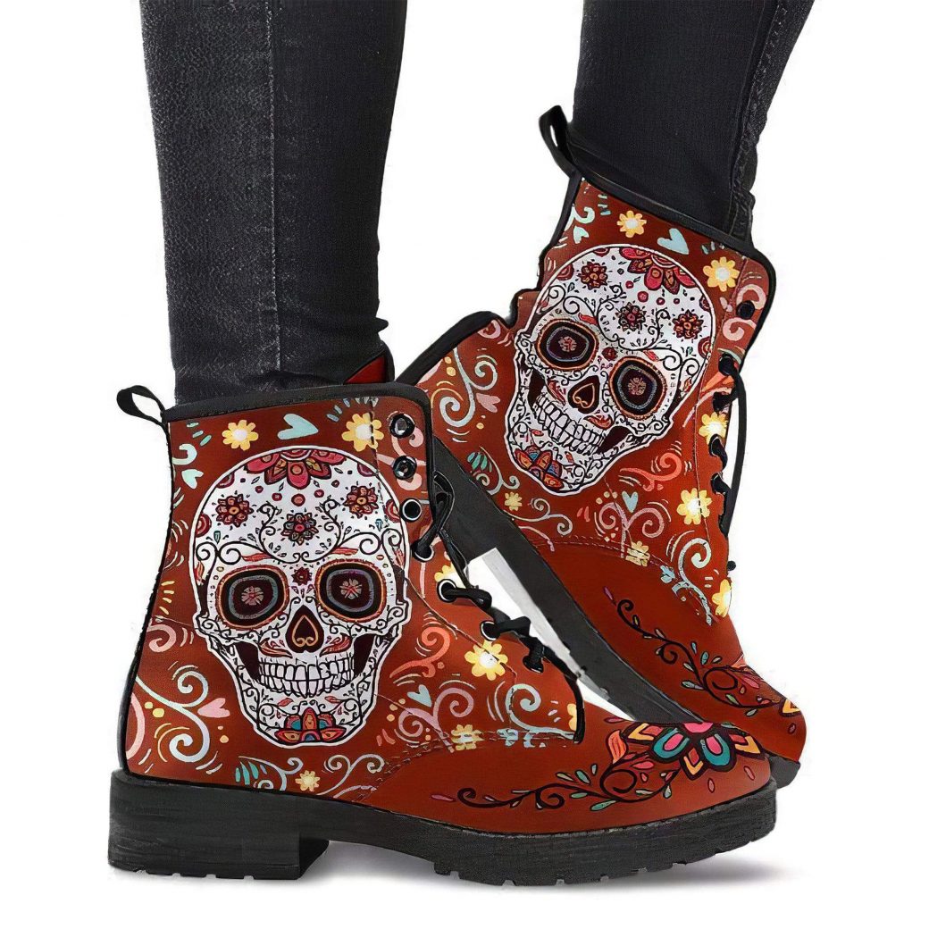 Cool Skull Printed Boots | Vegan Leather Lace Up Printed Boots For Women