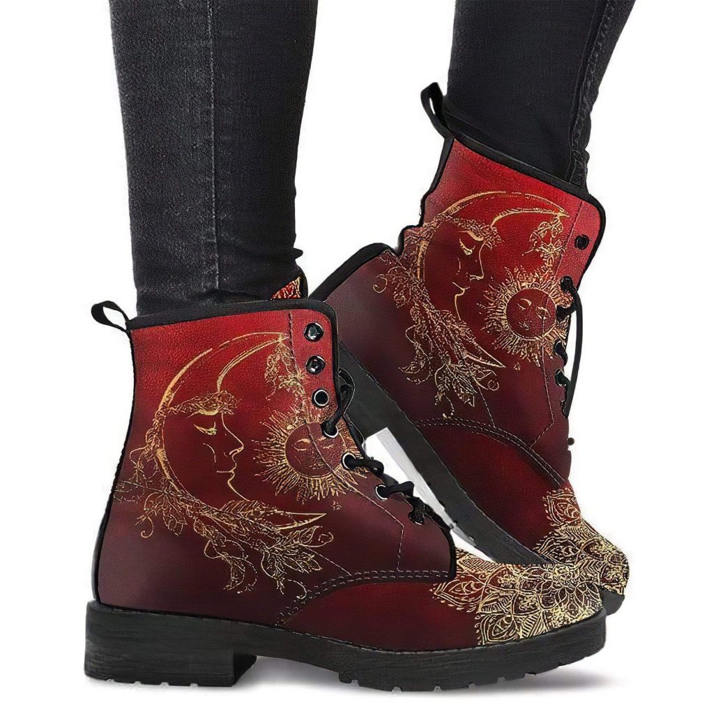 Red Sun Moon Boots | Vegan Leather Lace Up Printed Boots For Women