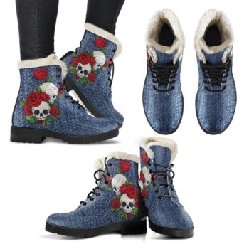 Skull Couple Roses Dark Denim Faux Fur Leather Boots