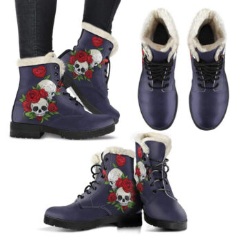 Skull Couple Roses Eclipse Faux Fur Leather Boots