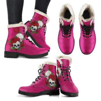 Skull Couple Roses Eclipse Faux Fur Leather Boots 1