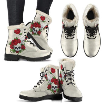 Skull Couple Roses Sweet Corn Faux Fur Leather Boots