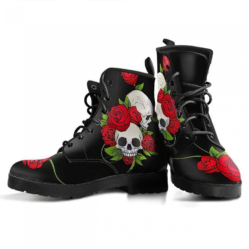 Skull & Roses Red Black Boots | Vegan Leather Lace Up Printed Boots For Women