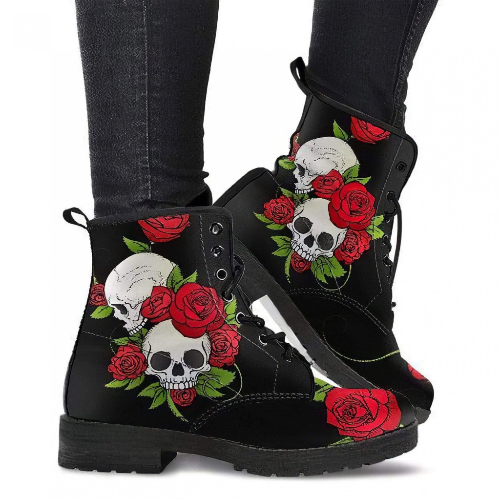 Skull & Roses Red Black Boots | Vegan Leather Lace Up Printed Boots For ...