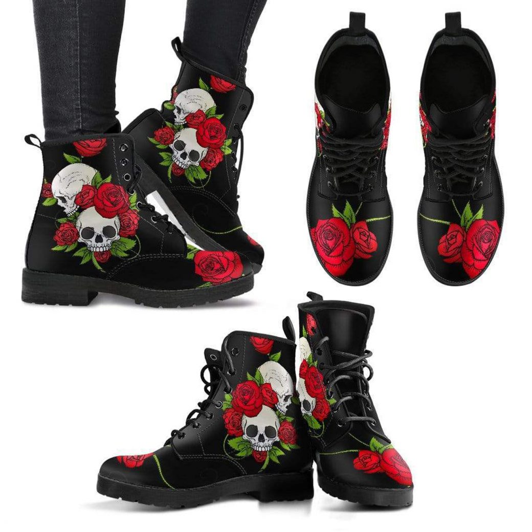 Skull & Roses Red Black Boots | Vegan Leather Lace Up Printed Boots For Women