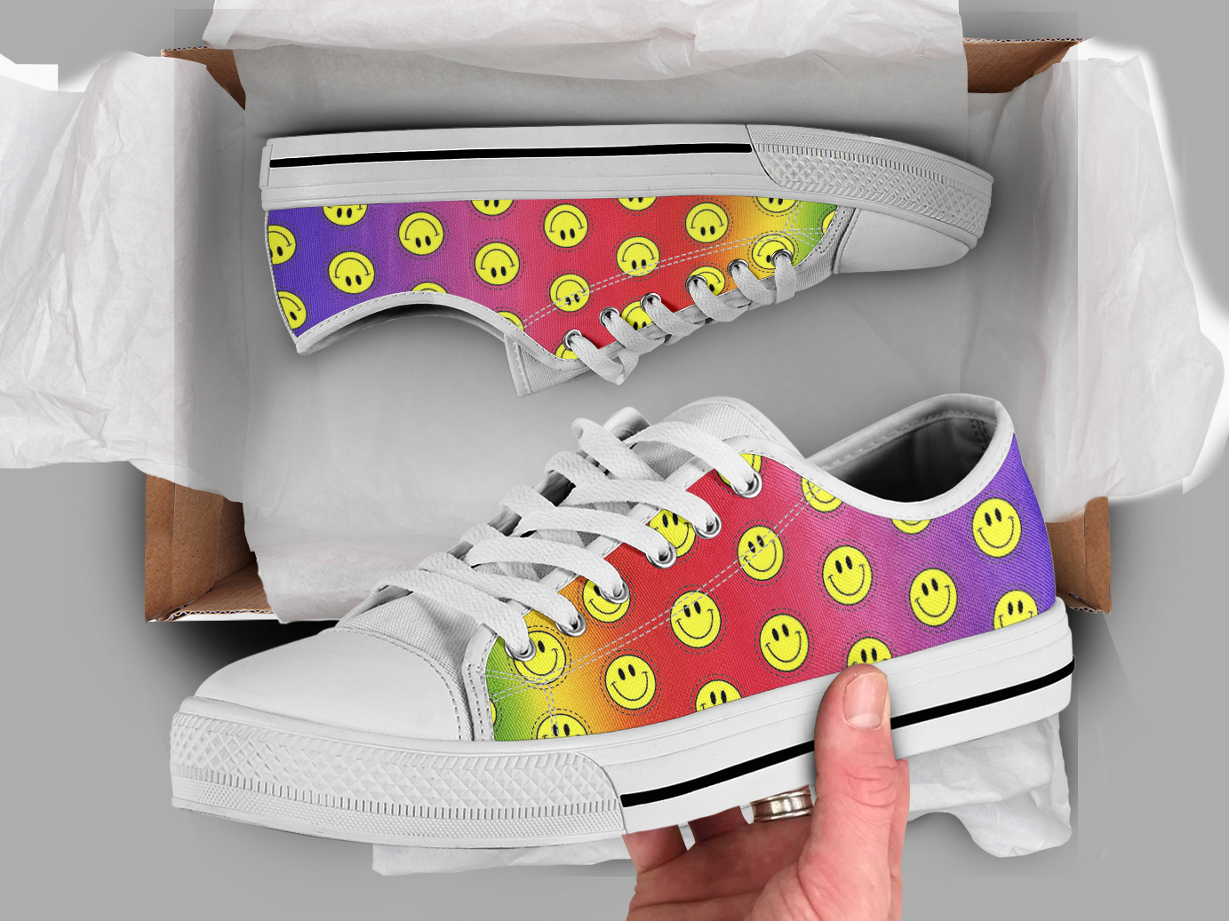 Rainbow Smiley Shoes | Custom Low Tops Sneakers For Kids & Adults