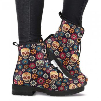 Skull Floral Boots | Vegan Leather Lace Up Printed Boots For Women