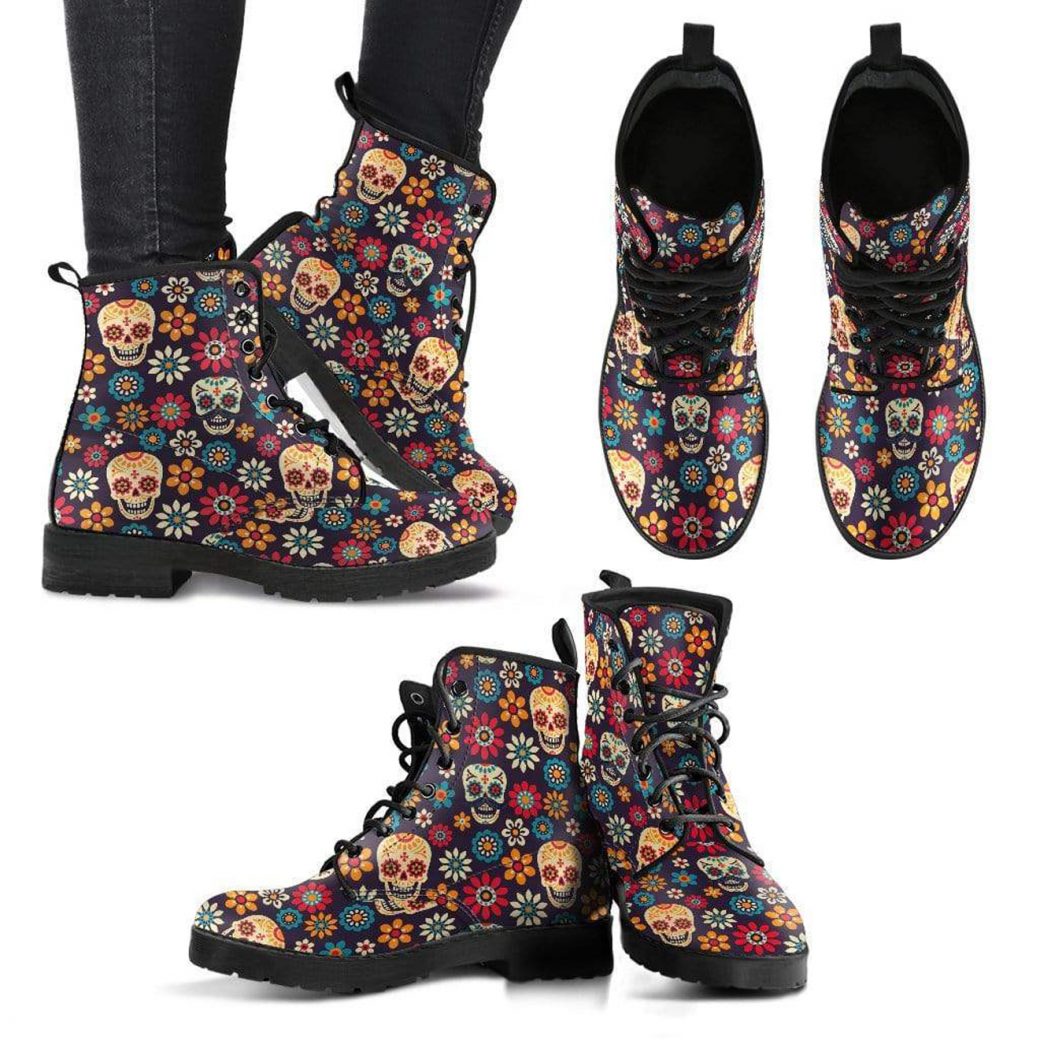 Skull Floral Boots | Vegan Leather Lace Up Printed Boots For Women