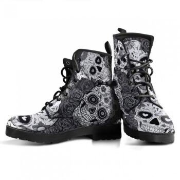 Black White Skull Boots | Vegan Leather Lace Up Printed Boots For Women