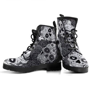 Sugar Skull Black White Womens Leather Boots