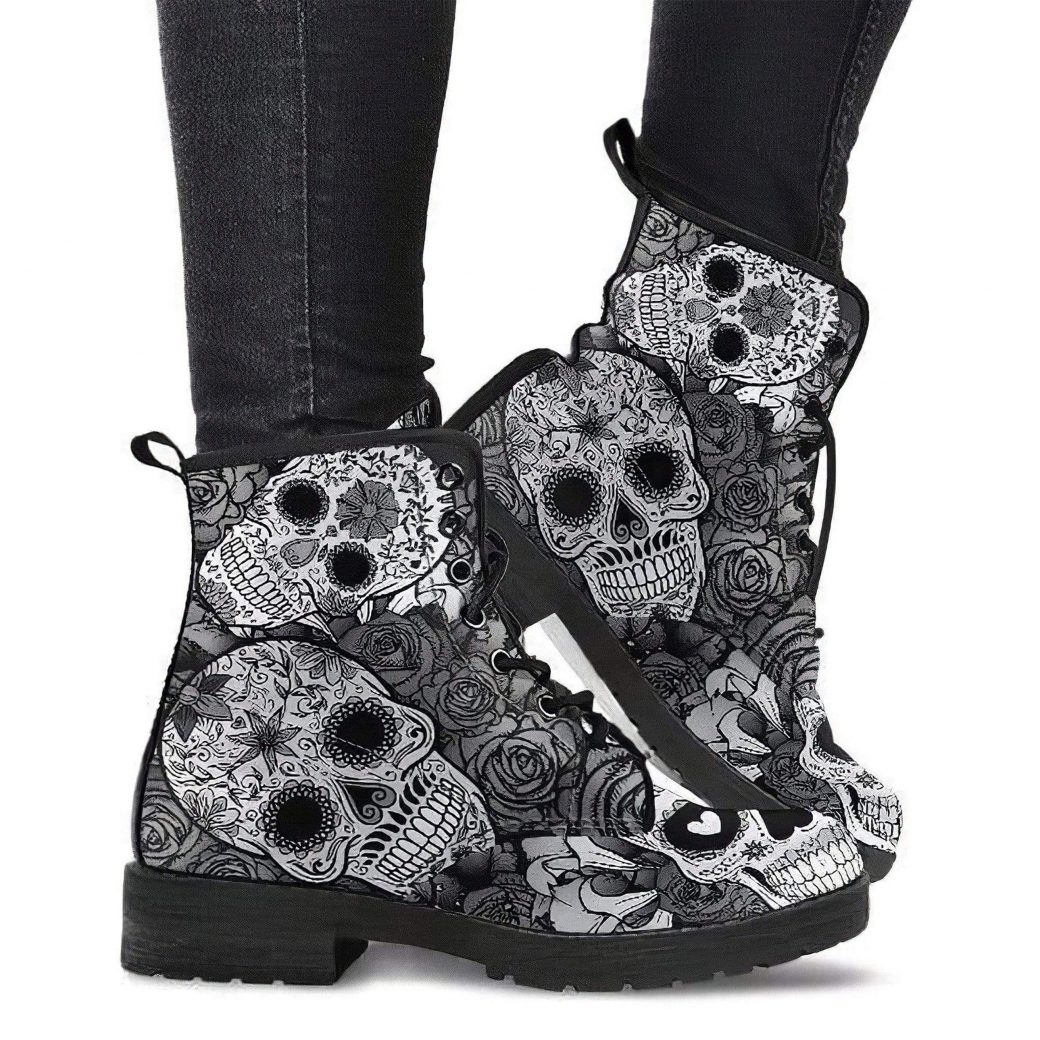 Black White Skull Boots | Vegan Leather Lace Up Printed Boots For Women