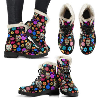 Sugar Skull Party Faux Fur Vegan Leather Boots For Lovers Of Skulls 1