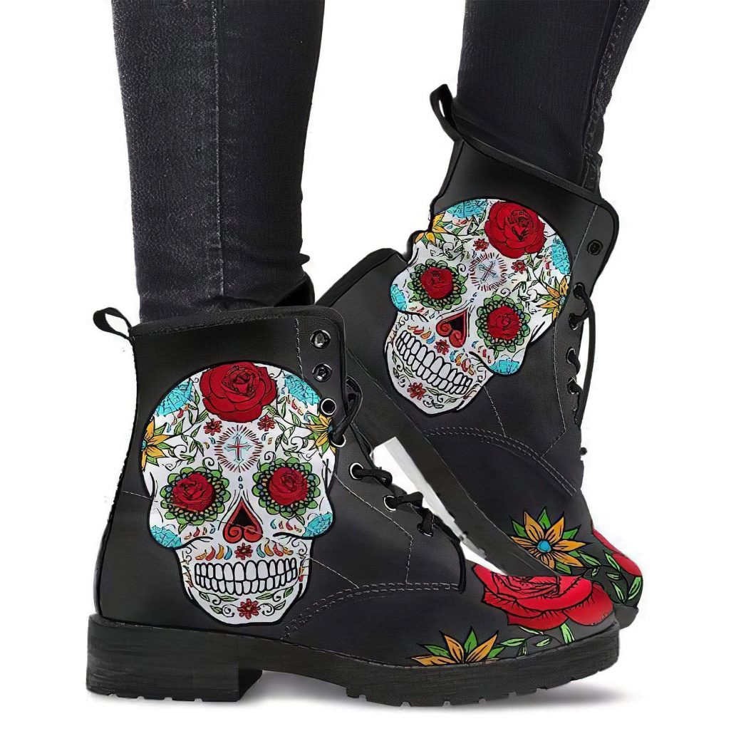 Rose & Sugar Skull Boots | Vegan Leather Lace Up Printed Boots For Women