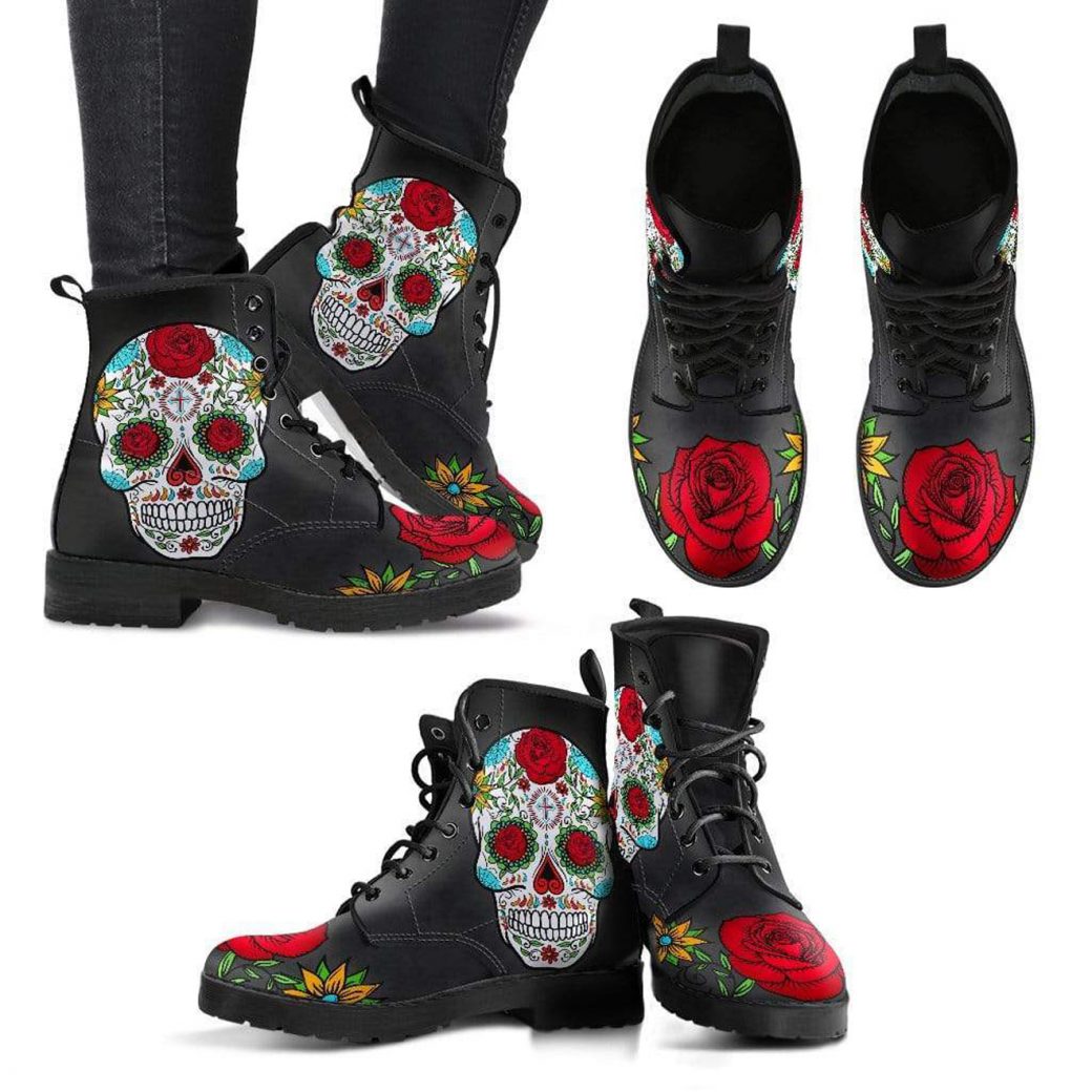 Rose & Sugar Skull Boots | Vegan Leather Lace Up Printed Boots For Women