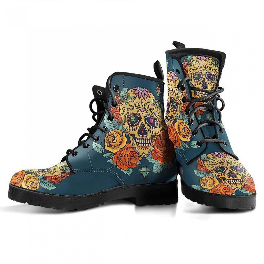 Flower Sugar Skull Boots | Vegan Leather Lace Up Printed Boots For Women