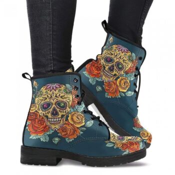 Flower Sugar Skull Boots | Vegan Leather Lace Up Printed Boots For Women
