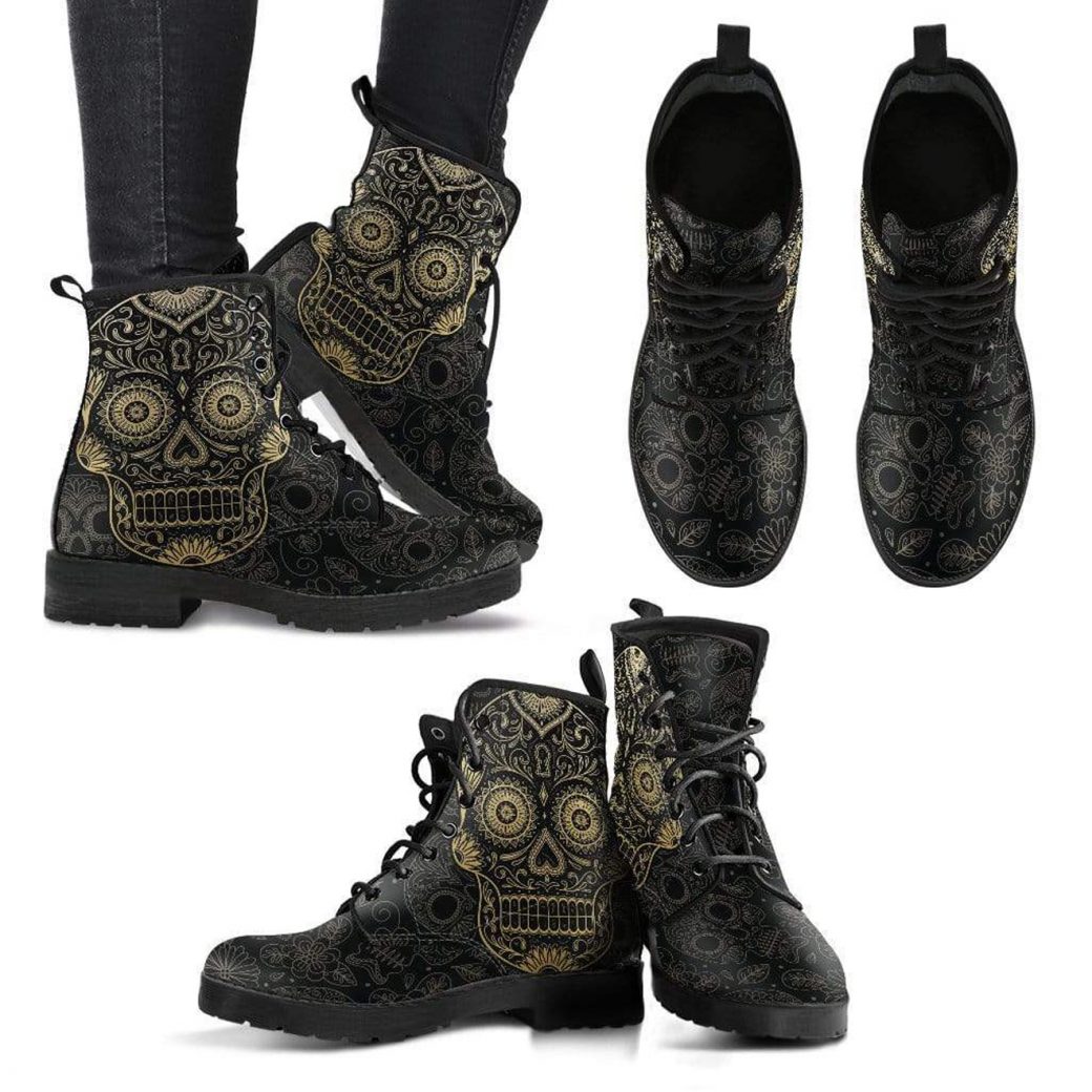 Skull Goth Boots | Vegan Leather Lace Up Printed Boots For Women