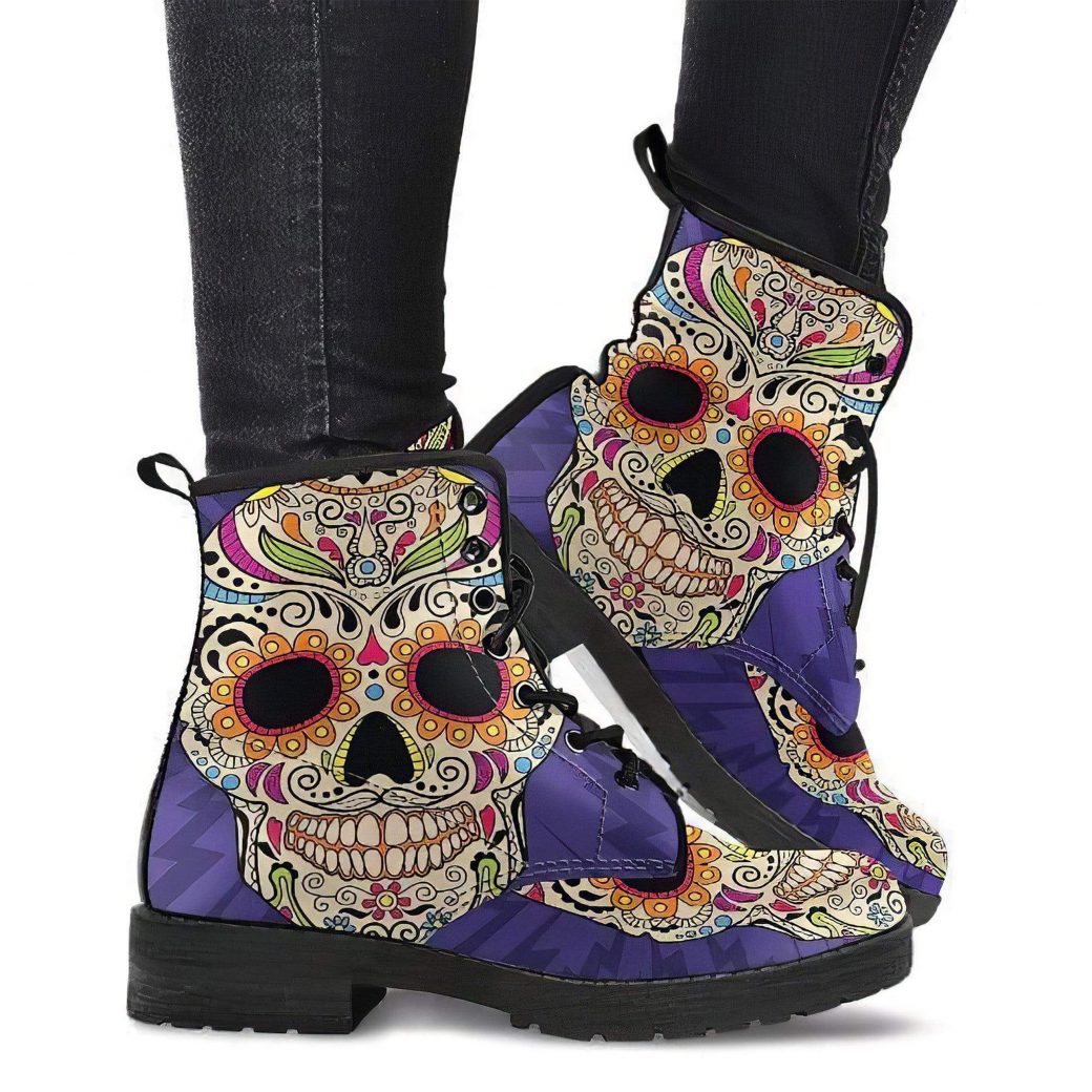 Purple Skull Boots | Vegan Leather Lace Up Printed Boots For Women