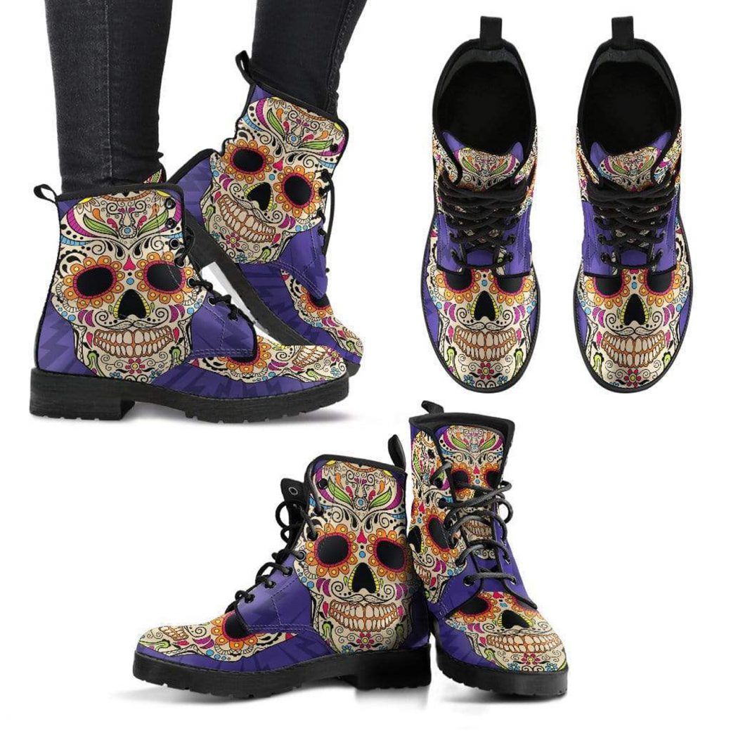 Purple Skull Boots | Vegan Leather Lace Up Printed Boots For Women