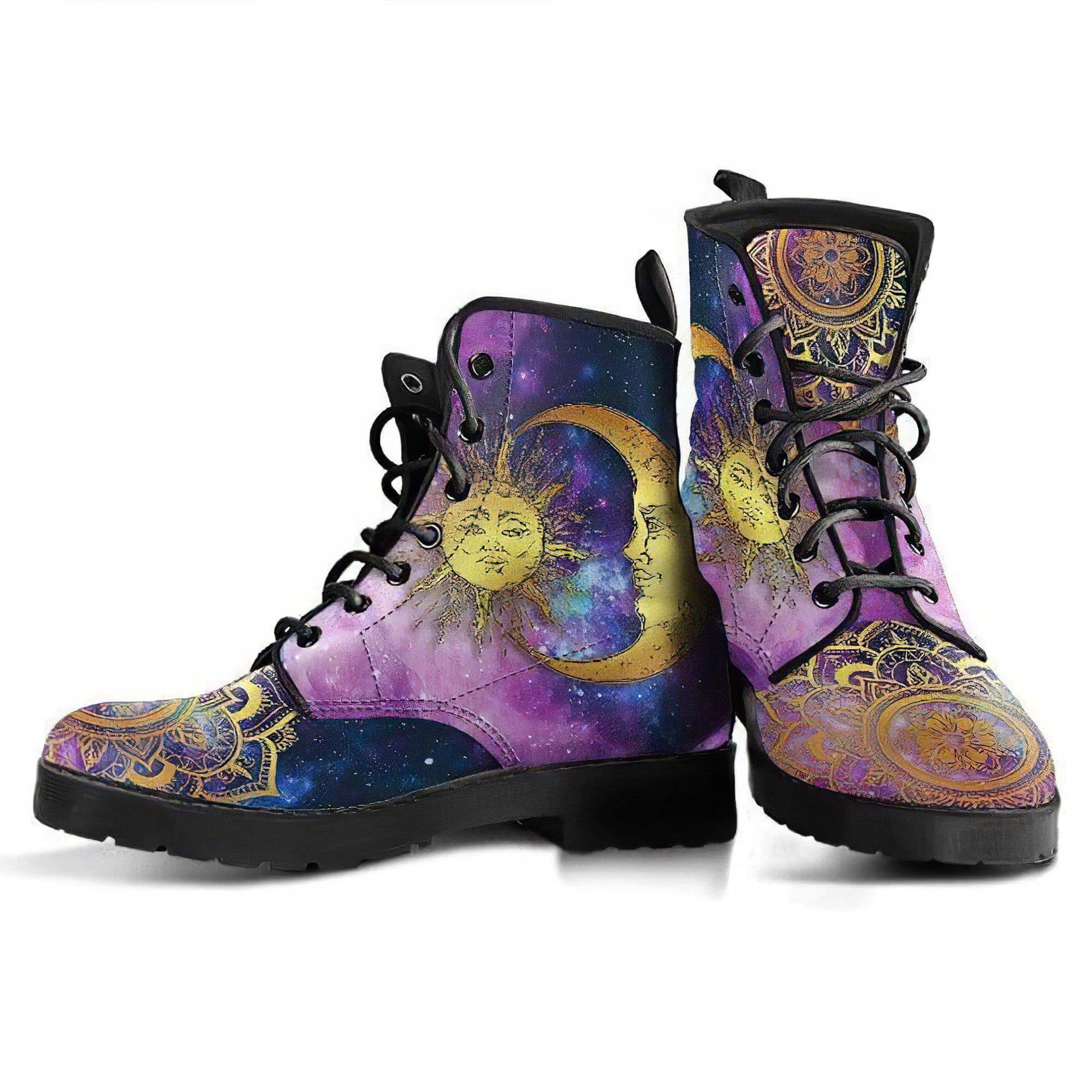 Sun Moon Galaxy Boots | Vegan Leather Lace Up Printed Boots For Women