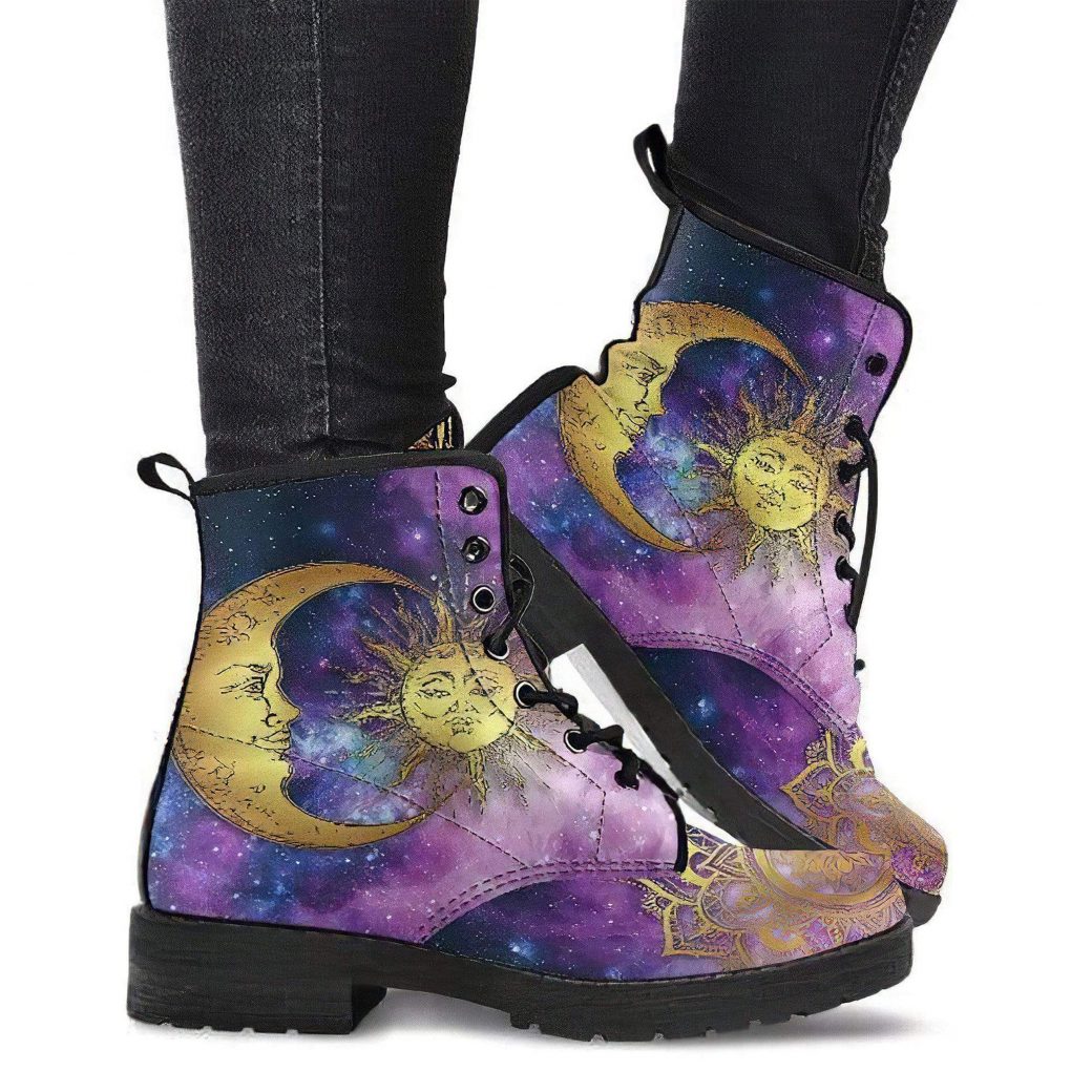 Sun Moon Galaxy Boots | Vegan Leather Lace Up Printed Boots For Women
