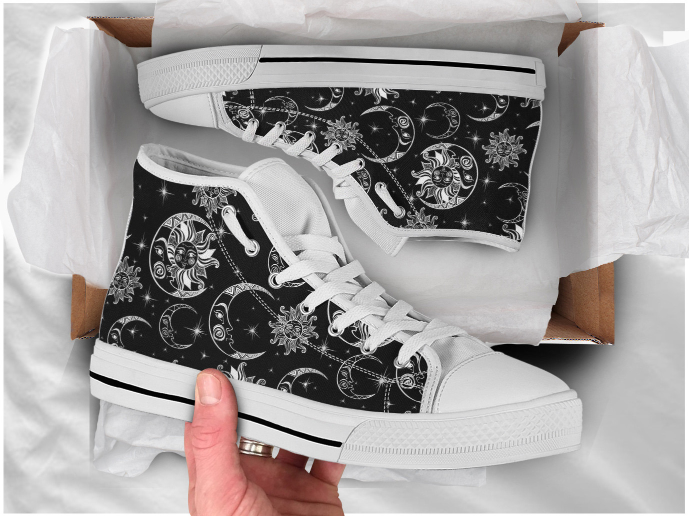 Black Sun & Moon Shoes | Custom High Top Sneakers For Kids & Adults