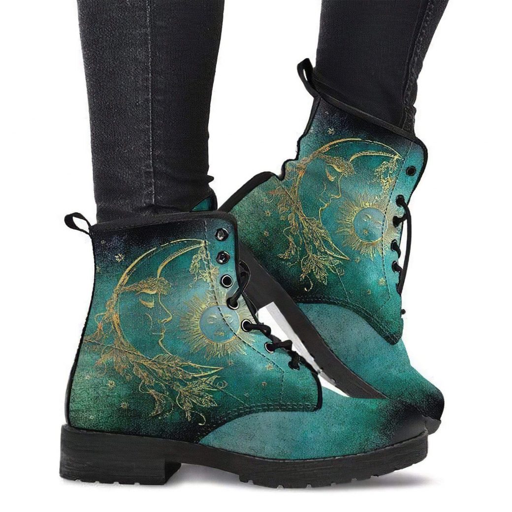 Green Shade Moon Shoes | Vegan Leather Lace Up Printed Boots For Women
