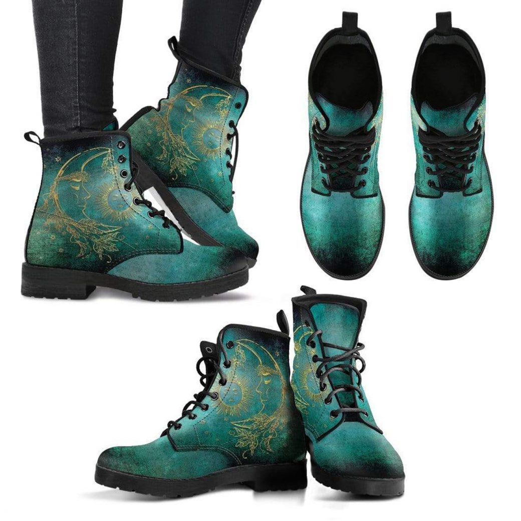Green Shade Moon Shoes | Vegan Leather Lace Up Printed Boots For Women