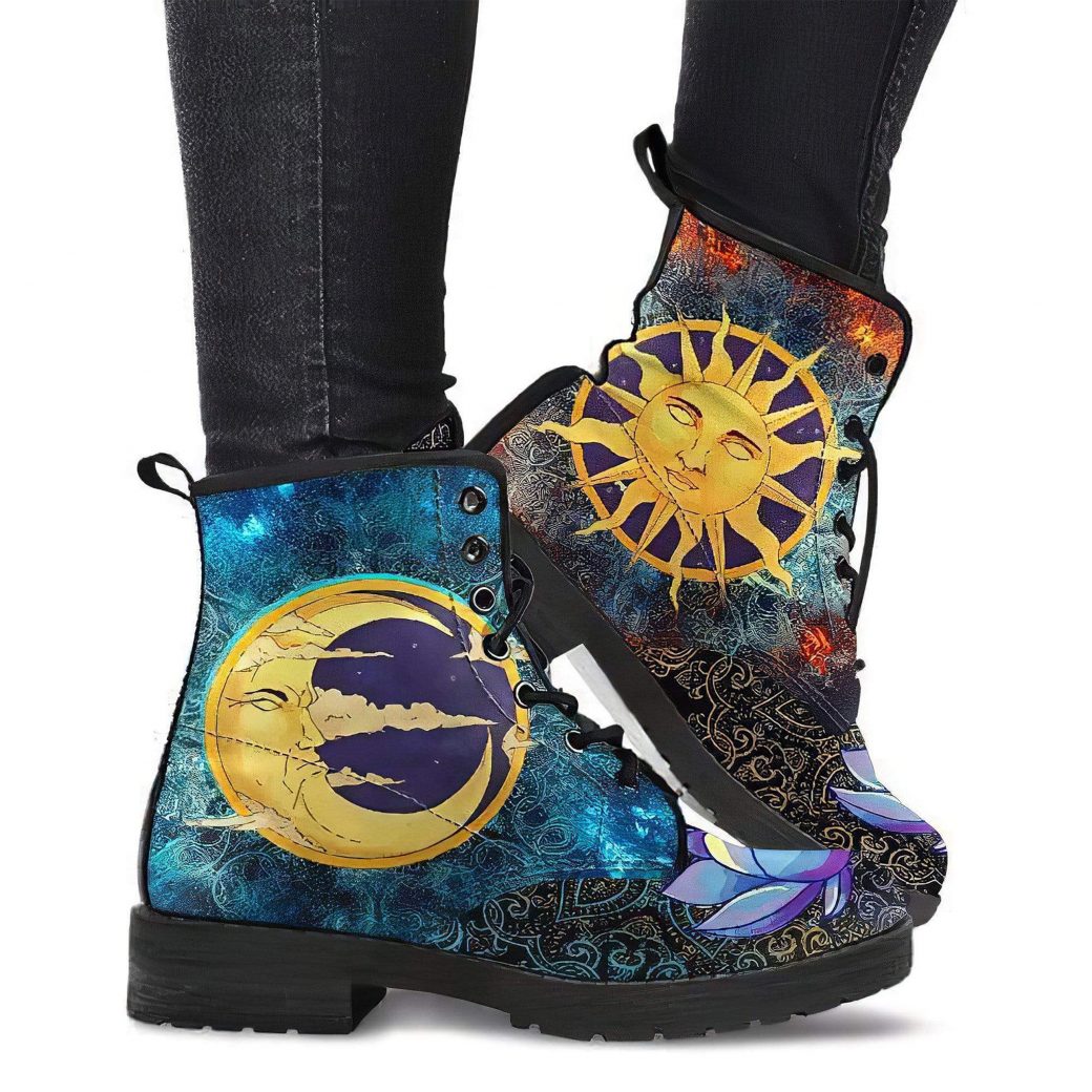 Astrology Boots - Sun Moon Lotus | Vegan Leather Lace Up Printed Boots For Women