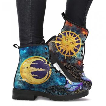 Astrology Boots - Sun Moon Lotus | Vegan Leather Lace Up Printed Boots For Women